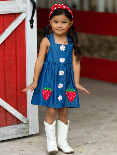 Cute Spring Toddler Outfits | Girls Strawberry Applique Denim Dress
