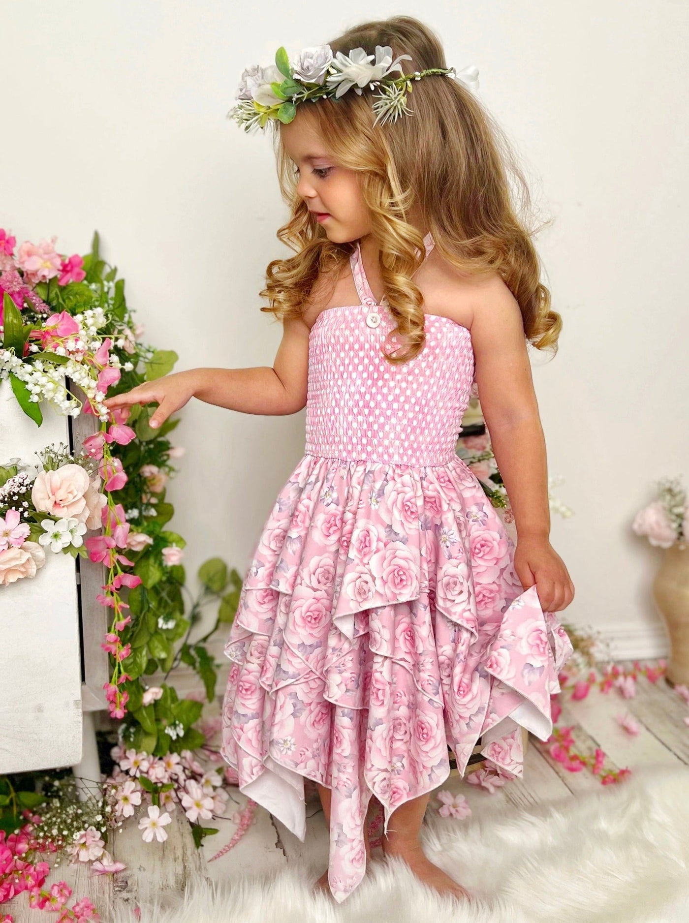 Smell The Flowers Smocked Handkerchief Dress - Mia Belle Girls