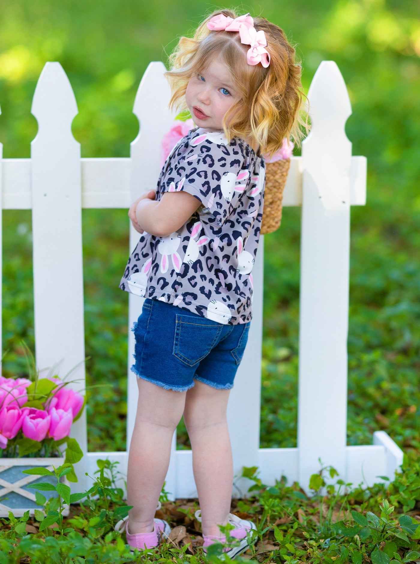Little Girls Easter Sets | Leopard Print Bunny Top & Denim Shorts Set