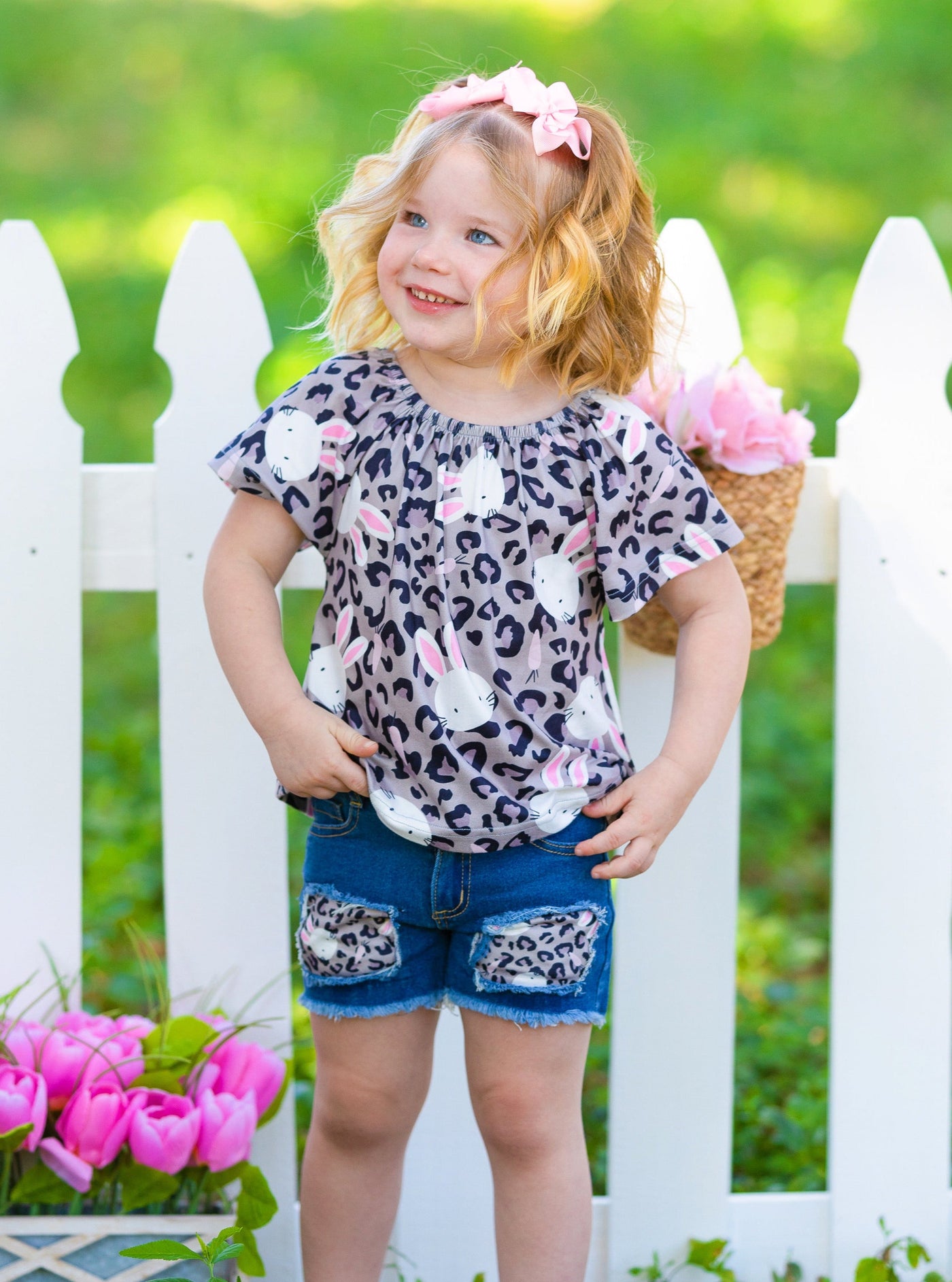 Little Girls Easter Sets | Leopard Print Bunny Top & Denim Shorts Set