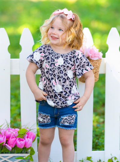 Little Girls Easter Sets | Leopard Print Bunny Top & Denim Shorts Set