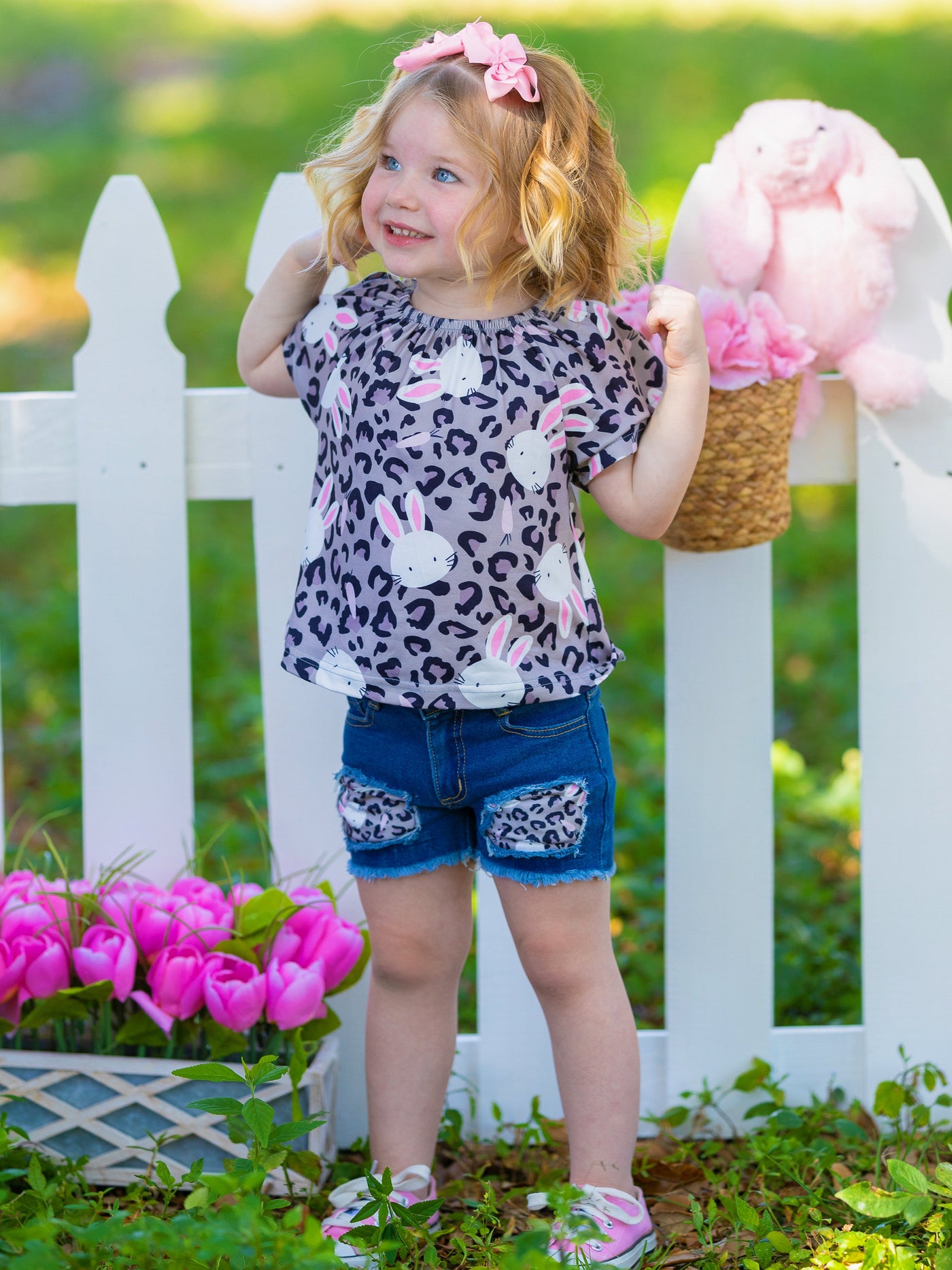 Little Girls Easter Sets | Leopard Print Bunny Top & Denim Shorts Set