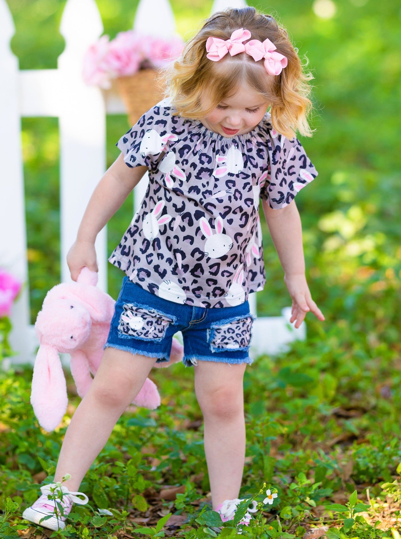 Little Girls Easter Sets | Leopard Print Bunny Top & Denim Shorts Set