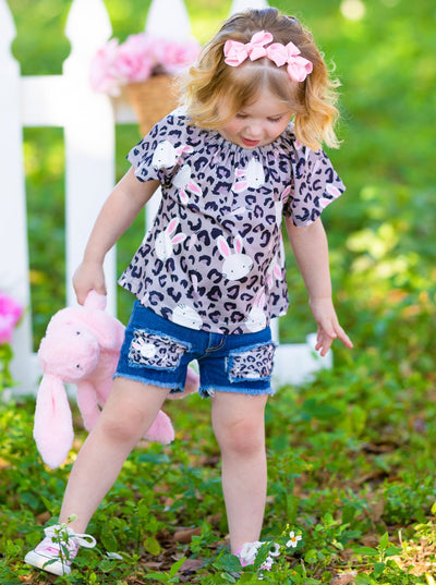 Little Girls Easter Sets | Leopard Print Bunny Top & Denim Shorts Set