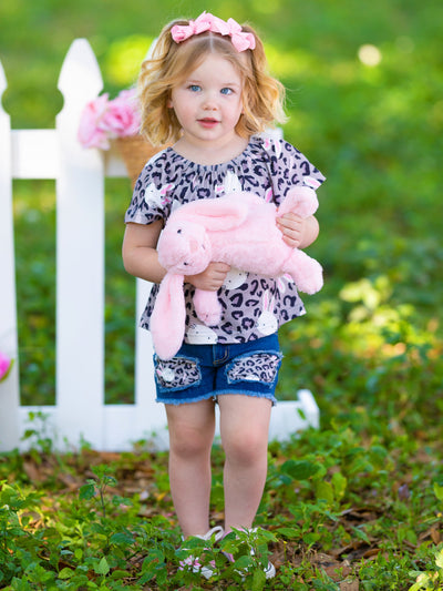 Little Girls Easter Sets | Leopard Print Bunny Top & Denim Shorts Set