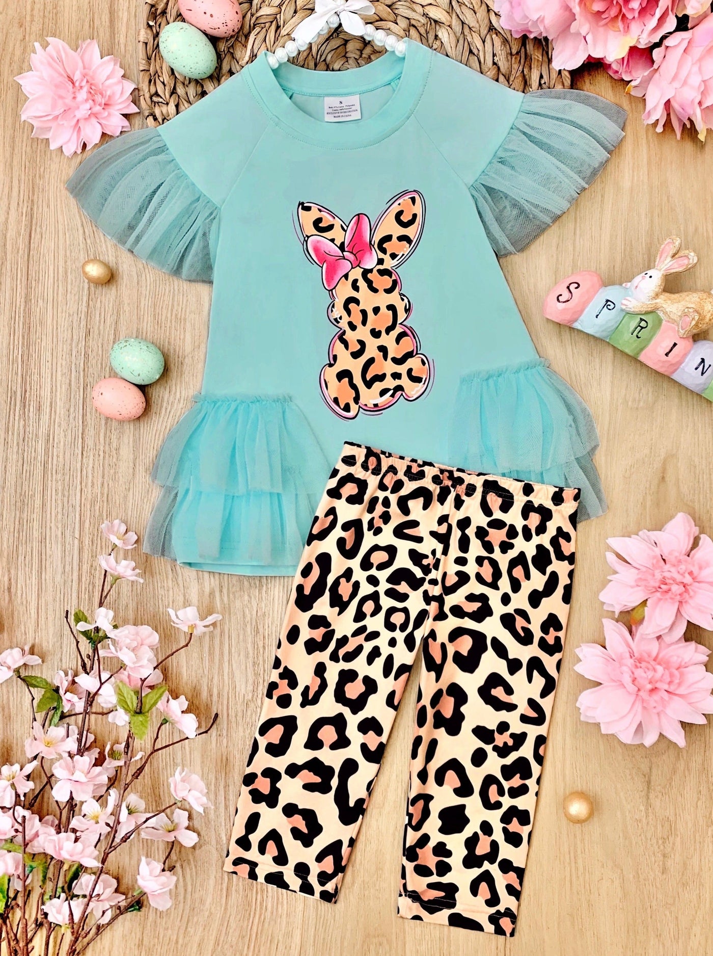 Girls Easter Set | Leopard Bunny Tulle Ruffle Top & Matching Leggings