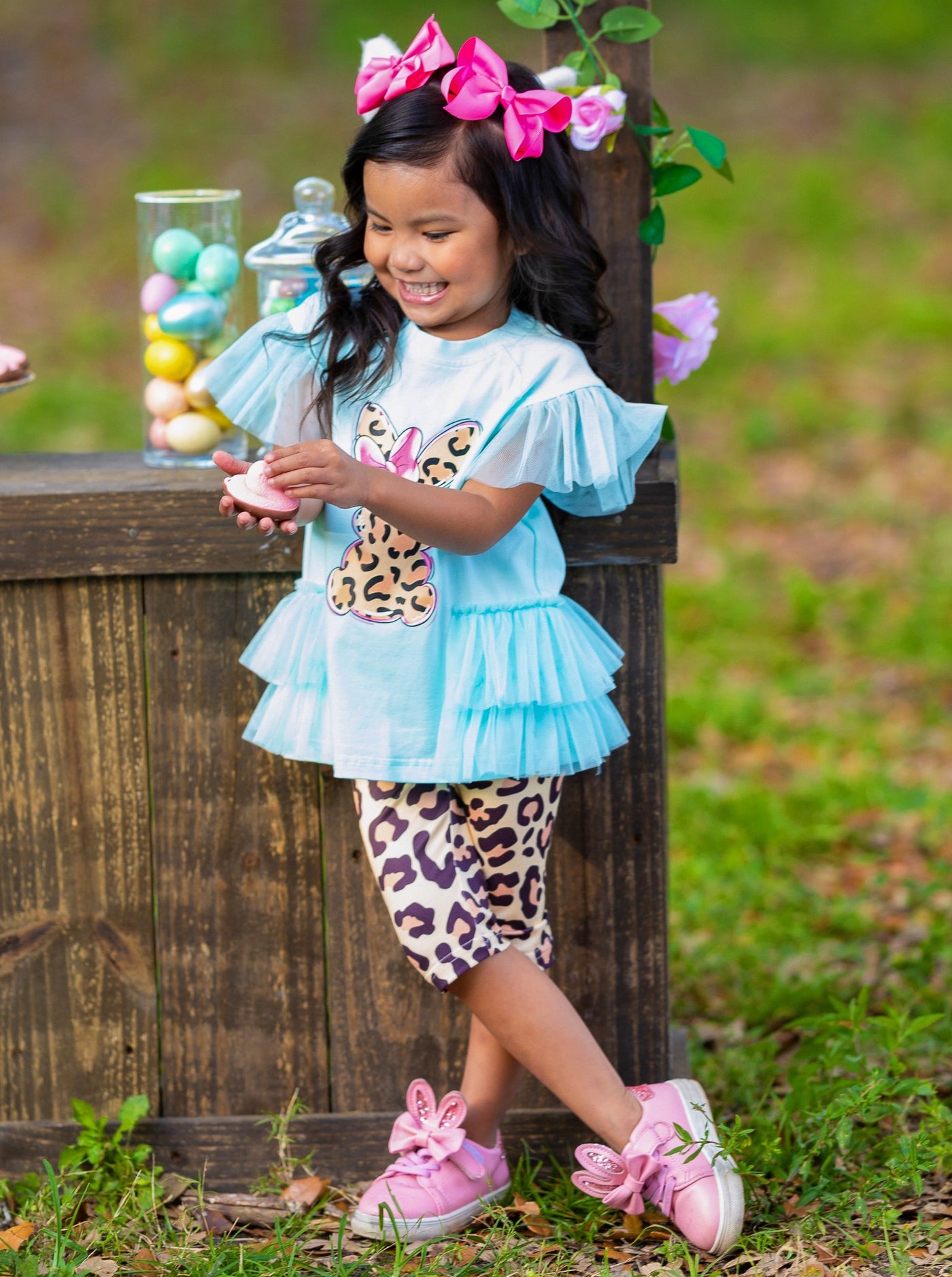 Girls Easter Set | Leopard Bunny Tulle Ruffle Top & Matching Leggings