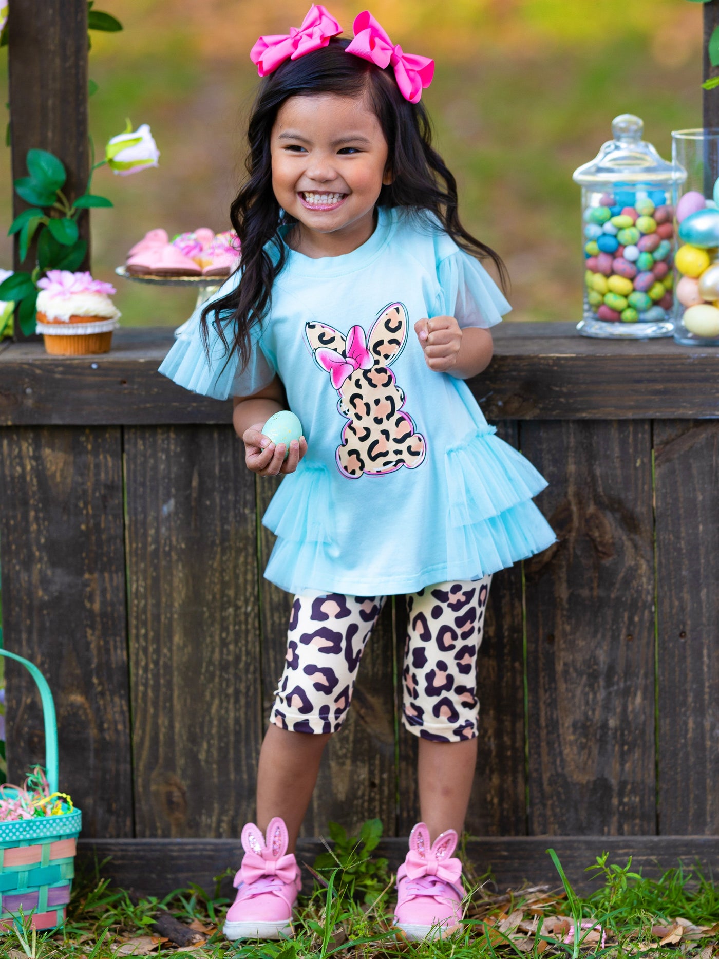 Girls Easter Set | Leopard Bunny Tulle Ruffle Top & Matching Leggings