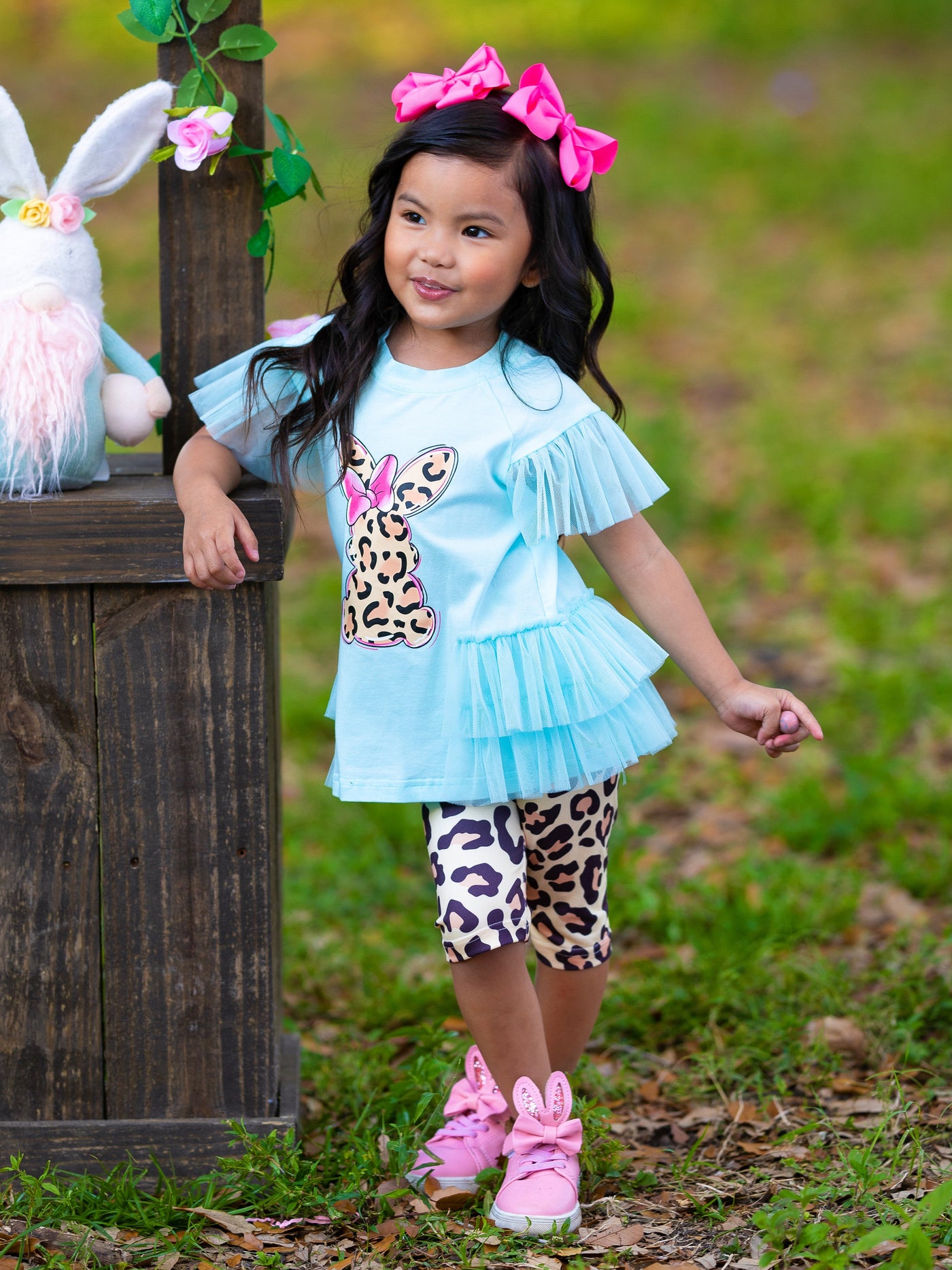 Girls Easter Set | Leopard Bunny Tulle Ruffle Top & Matching Leggings