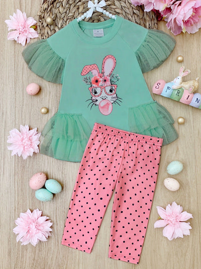 Girls Easter Set | Bubble Yum Tulle Ruffle Top & Polka Dot Legging Set