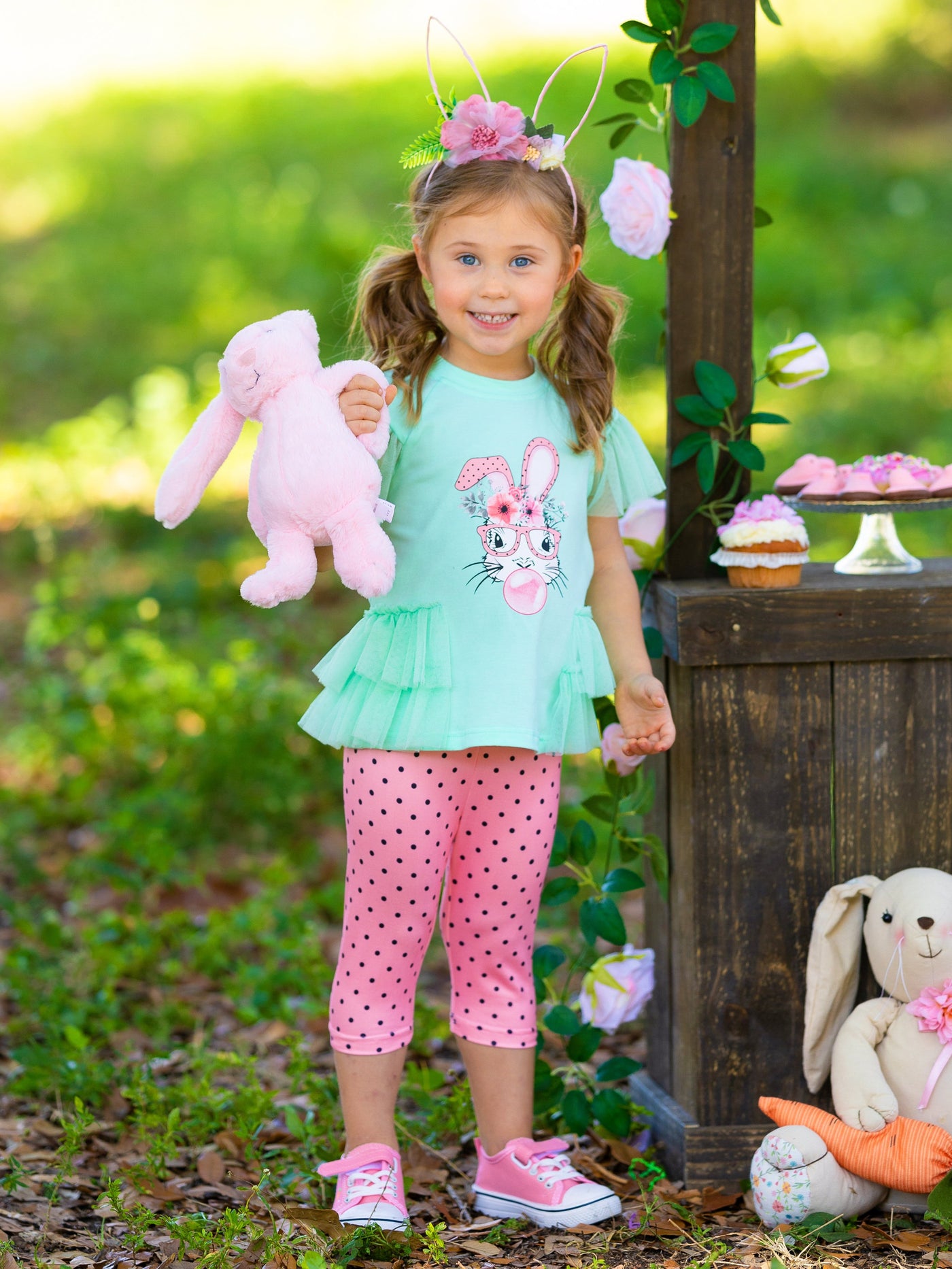 Girls Easter Set | Bubble Yum Tulle Ruffle Top & Polka Dot Legging Set