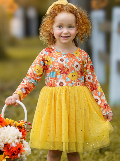 Girls Long Sleeved Floral Sparkly Tutu Dress - Mia Belle Girls