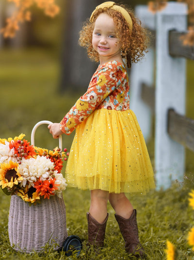 Girls Long Sleeved Floral Sparkly Tutu Dress - Mia Belle Girls