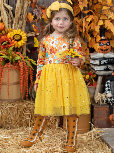 Girls Long Sleeved Floral Sparkly Tutu Dress - Mia Belle Girls