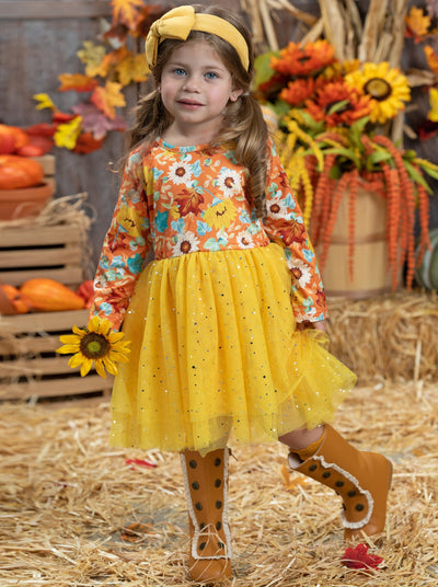 Girls Long Sleeved Floral Sparkly Tutu Dress - Mia Belle Girls
