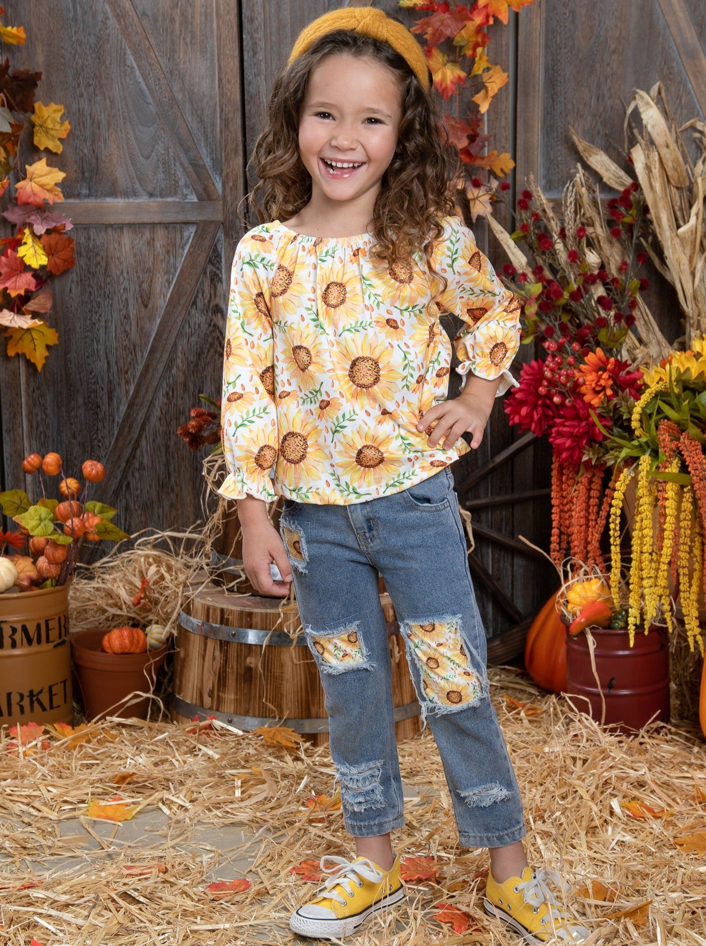 Toddler Fall Outfits | Girls Sunflower Blouse & Patched Jeans Set 