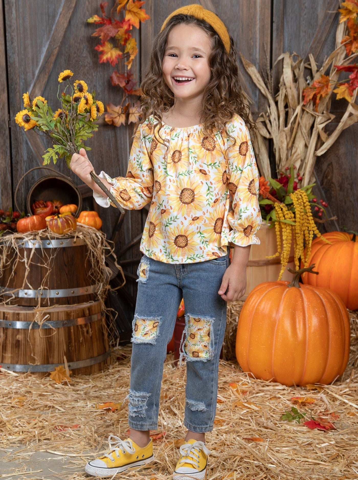 Toddler Fall Outfits | Girls Sunflower Blouse & Patched Jeans Set 