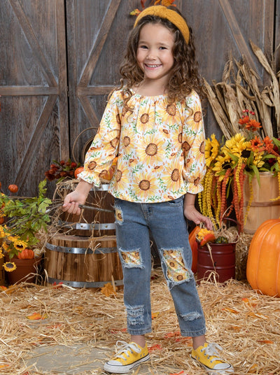 Toddler Fall Outfits | Girls Sunflower Blouse & Patched Jeans Set 