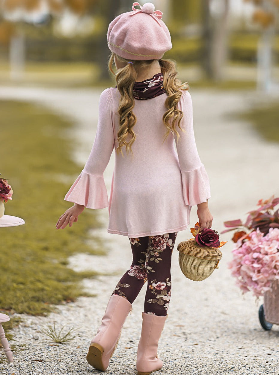 Cute Fall Kids Clothes | Abigail Pink Tunic Floral Scarf & Legging Set