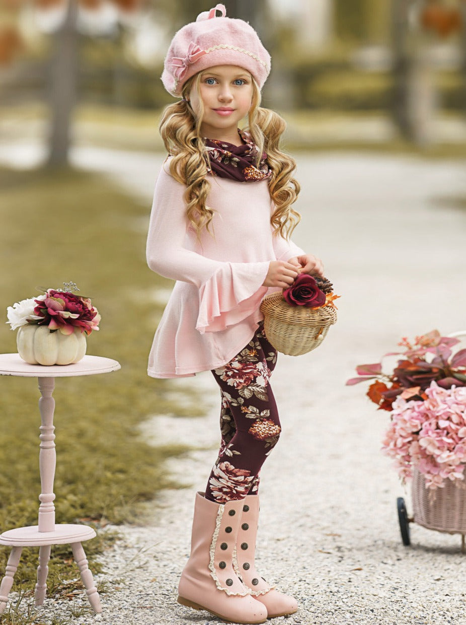 Cute Fall Kids Clothes | Abigail Pink Tunic Floral Scarf & Legging Set