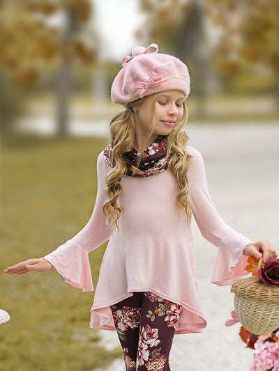 Cute Fall Kids Clothes | Abigail Pink Tunic Floral Scarf & Legging Set