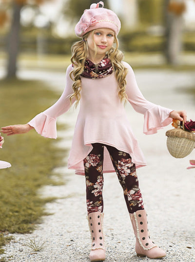 Cute Fall Kids Clothes | Abigail Pink Tunic Floral Scarf & Legging Set