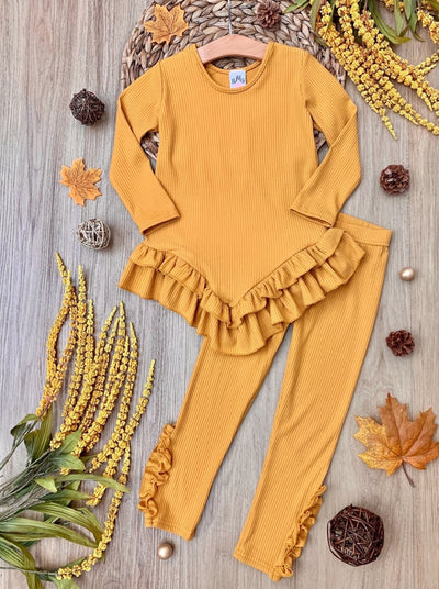 Cute Toddler Fall Sets | Girls Rib Knit Ruffle Hem Tunic & Legging Set