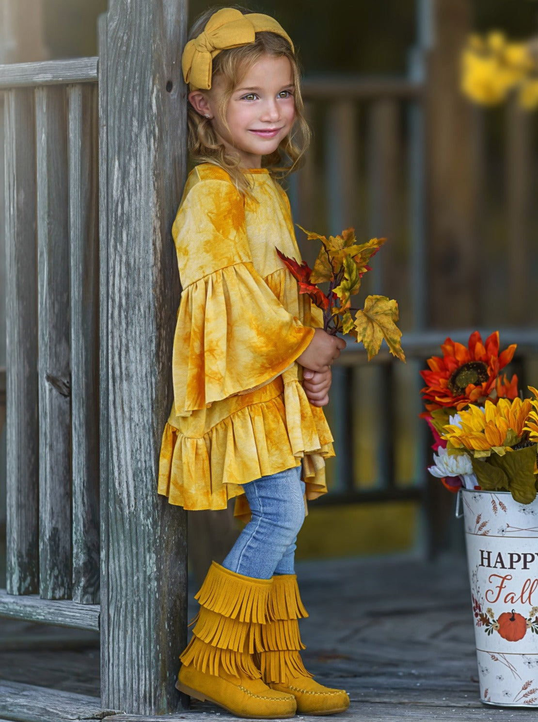 Girls Fall Clothes | Zoe Boho Golden Tie-Dye Tunic - Mia Belle Girls