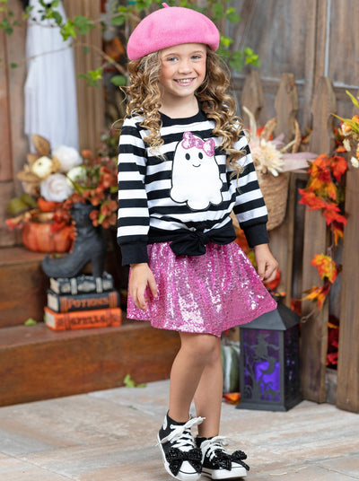 Girls Halloween Apparel | Toddler Striped Ghost Top & Sequin Skirt Set