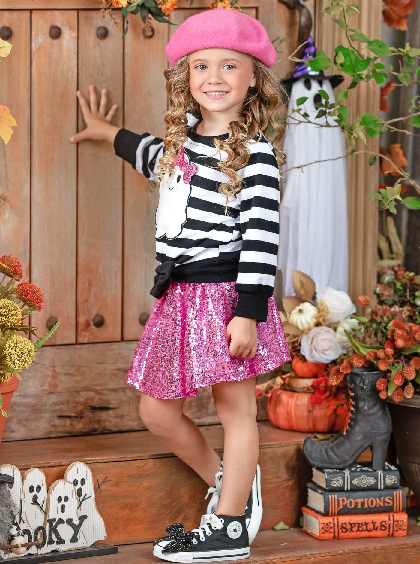 Girls Halloween Apparel | Toddler Striped Ghost Top & Sequin Skirt Set