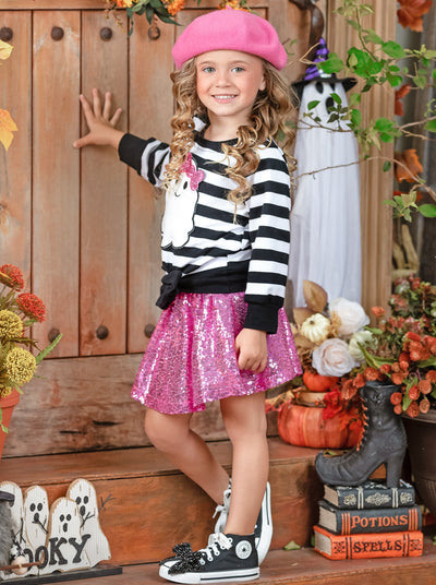 Girls Halloween Apparel | Toddler Striped Ghost Top & Sequin Skirt Set