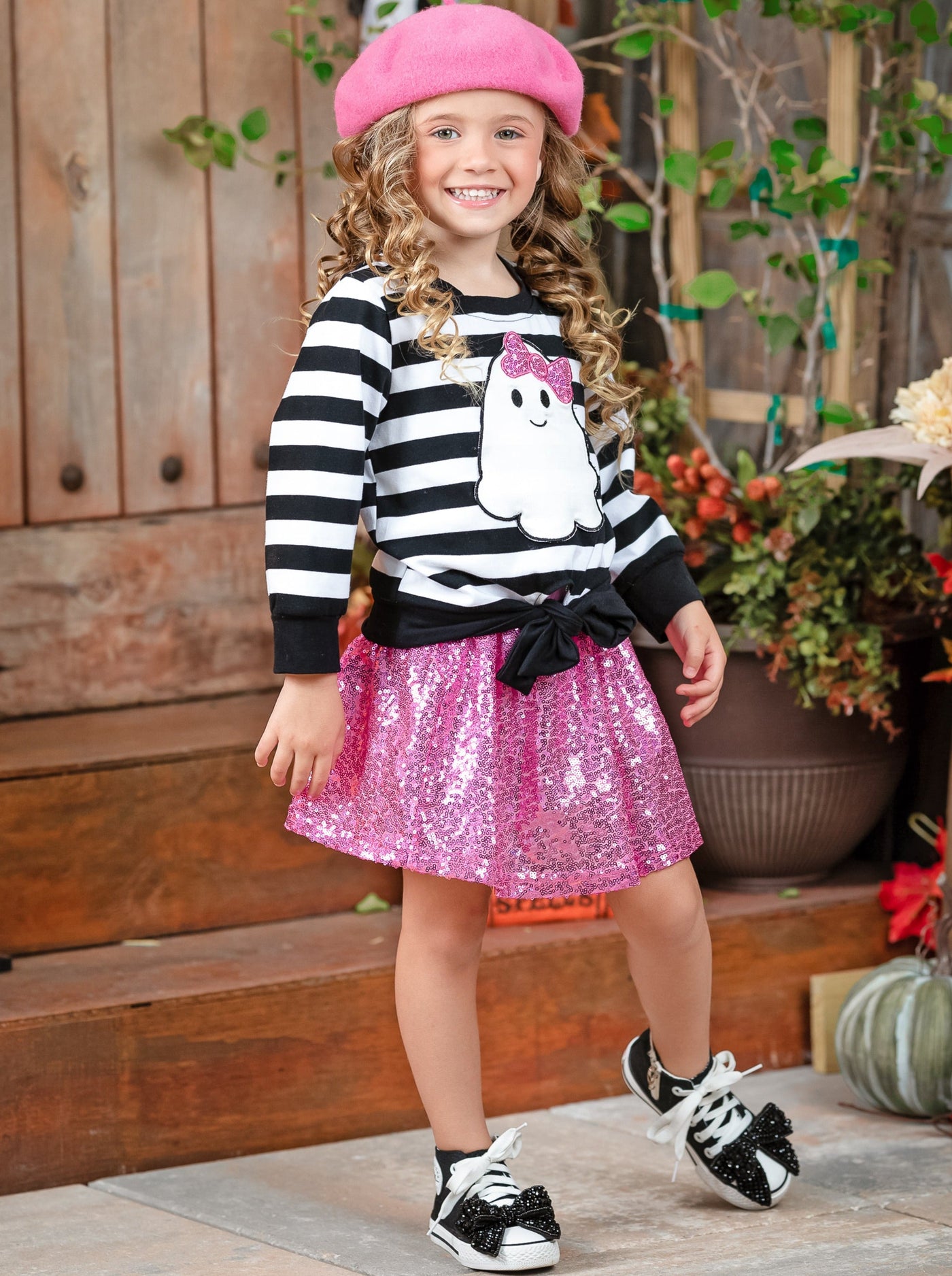 Girls Halloween Apparel | Toddler Striped Ghost Top & Sequin Skirt Set