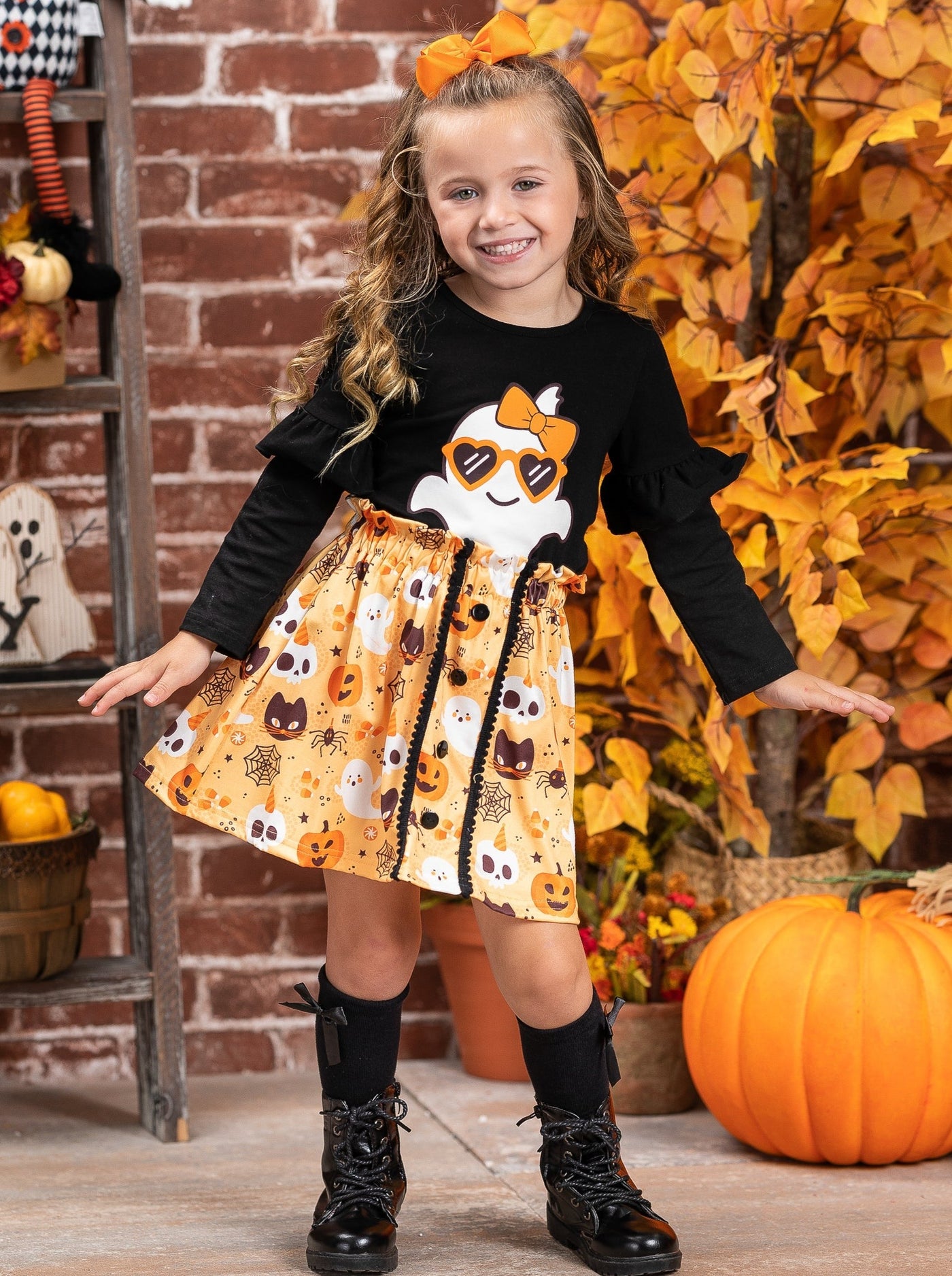 Girls Halloween Apparel | Cute Ghost Top & Skirt Set - Mia Belle Girls