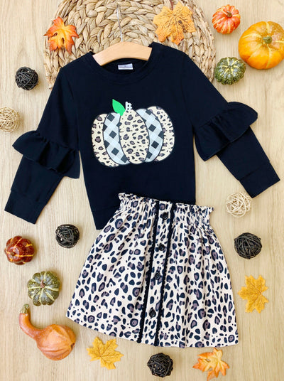 Toddler Fall Outfits | Leopard Print Pumpkin Top & Matching Skirt Set
