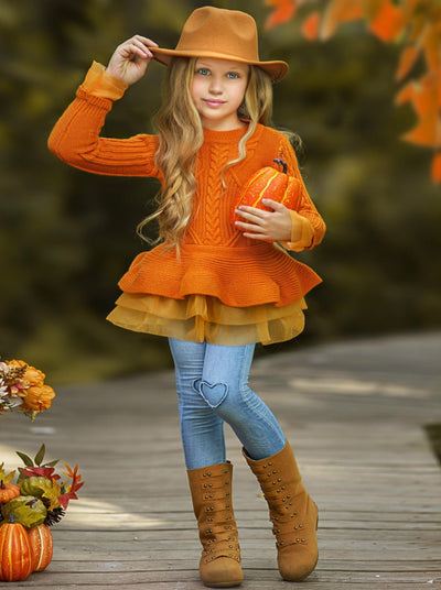 Girls Yellow Cable Knit Peplum Tutu Sweater - Mia Belle Girls