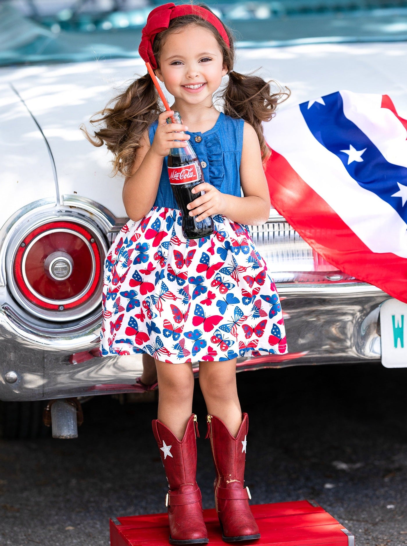 Girls 4th of July Chambray Patriotic Butterfly Dress - Mia Belle Girls