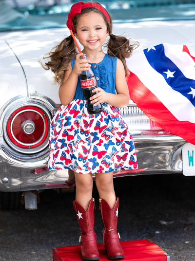 Girls 4th of July Chambray Patriotic Butterfly Dress - Mia Belle Girls