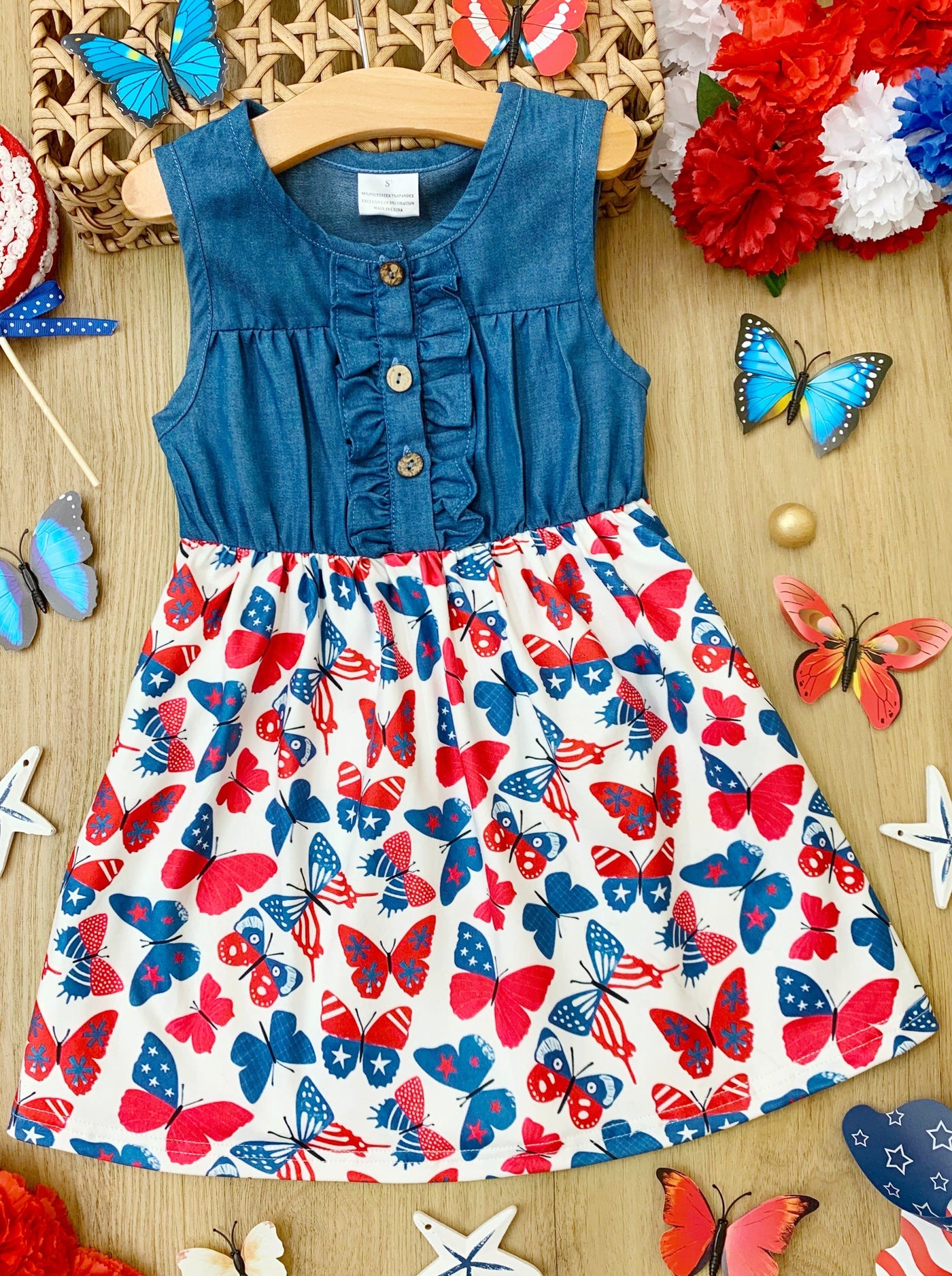 Girls 4th of July Chambray Patriotic Butterfly Dress - Mia Belle Girls