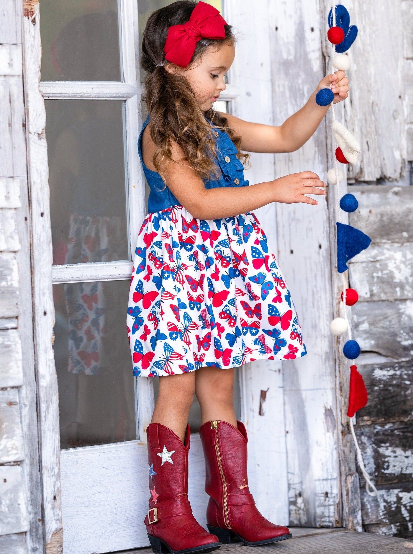 Girls 4th of July Chambray Patriotic Butterfly Dress - Mia Belle Girls