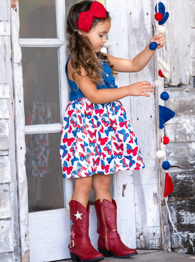 Girls 4th of July Chambray Patriotic Butterfly Dress - Mia Belle Girls