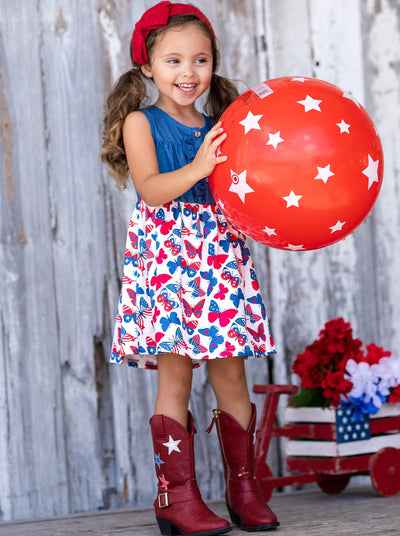 Girls 4th of July Chambray Patriotic Butterfly Dress - Mia Belle Girls
