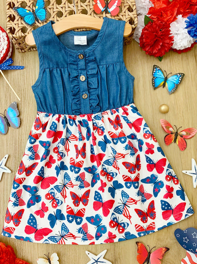 Girls 4th of July Chambray Patriotic Butterfly Dress - Mia Belle Girls