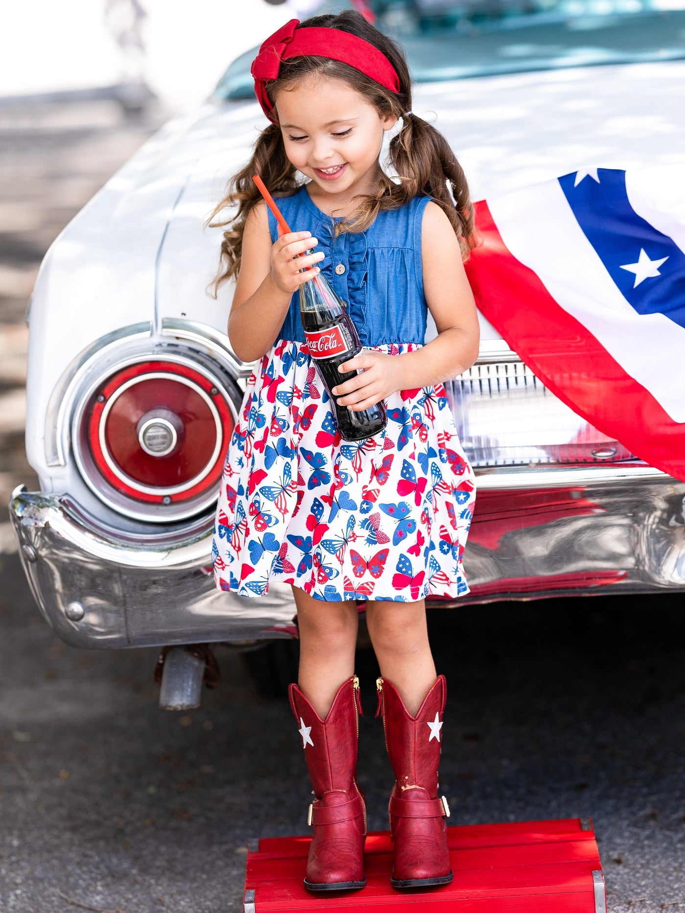 Girls 4th of July Chambray Patriotic Butterfly Dress - Mia Belle Girls