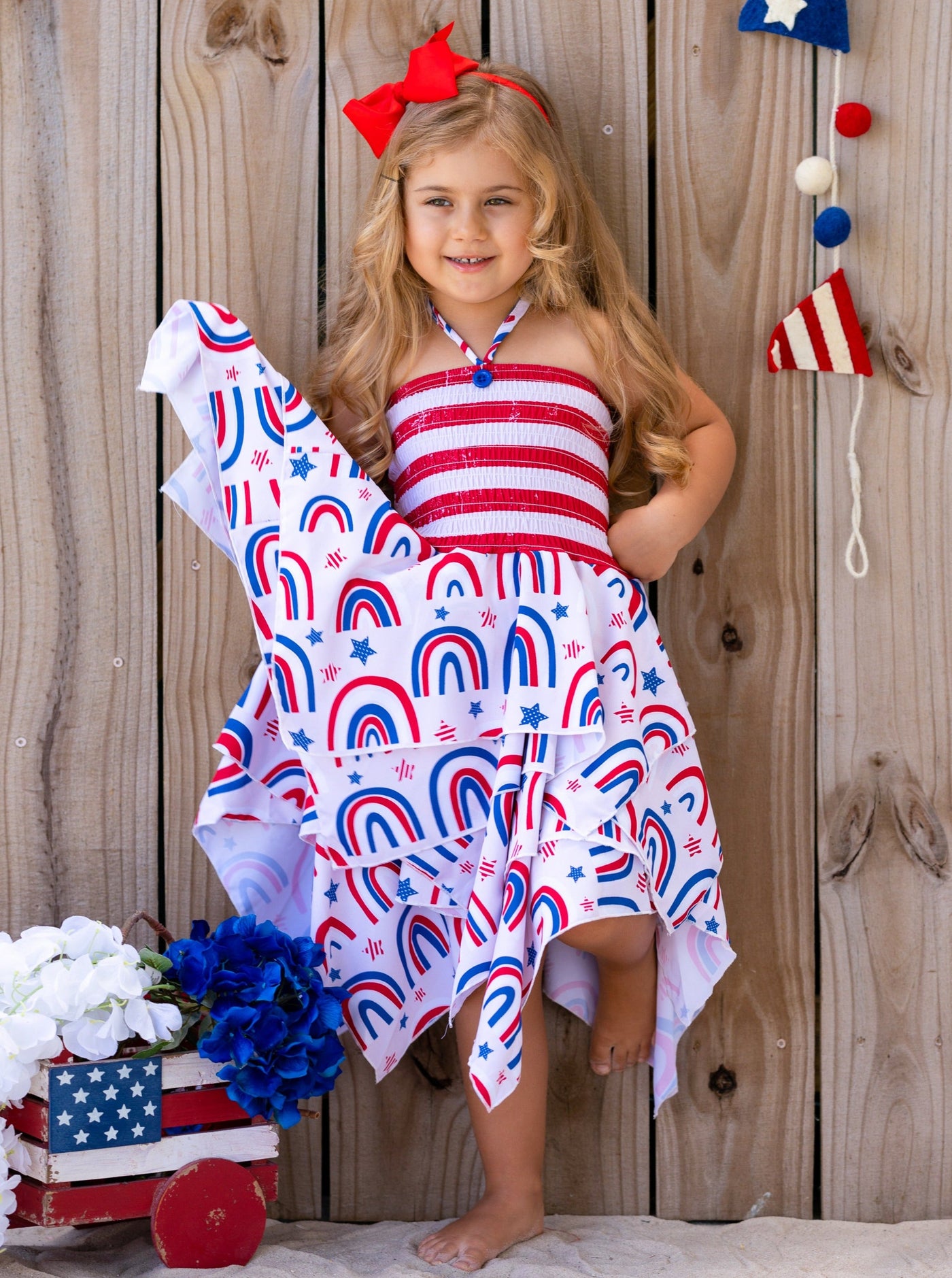 Girls 4th of July Outfits | US Themed Smocked Top Handkerchief Dress
