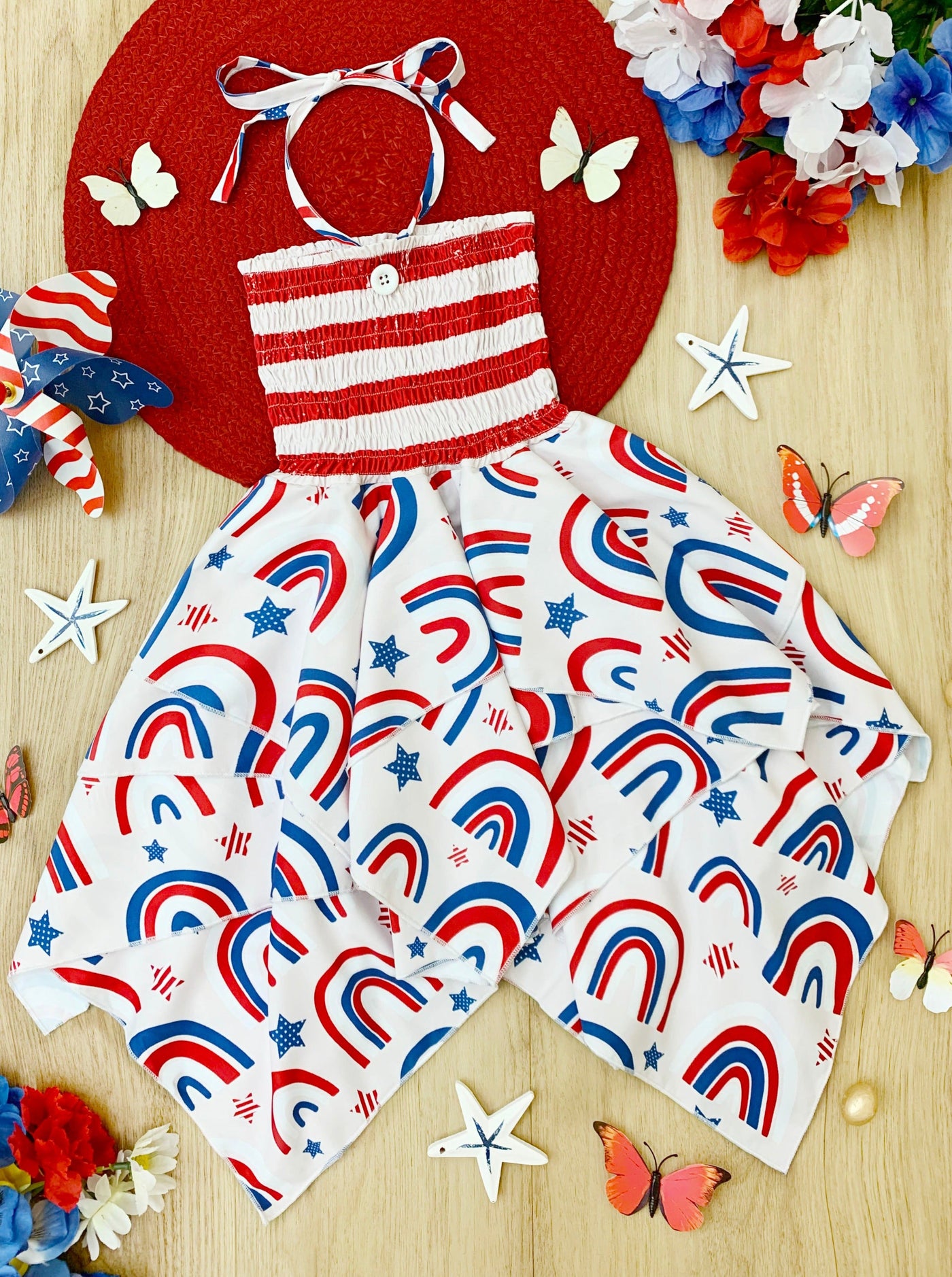 Girls 4th of July Outfits | US Themed Smocked Top Handkerchief Dress