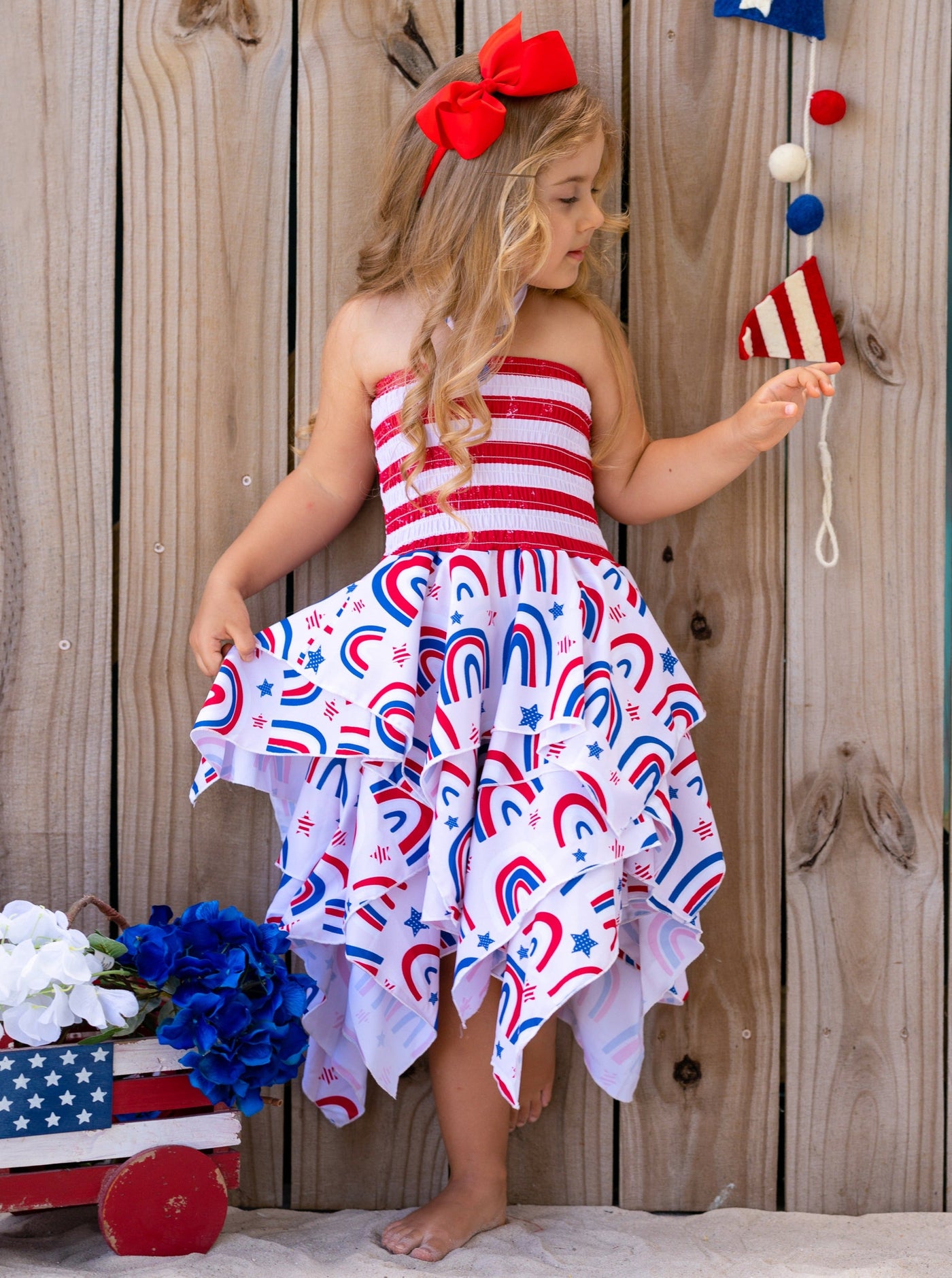 Girls 4th of July Outfits | US Themed Smocked Top Handkerchief Dress