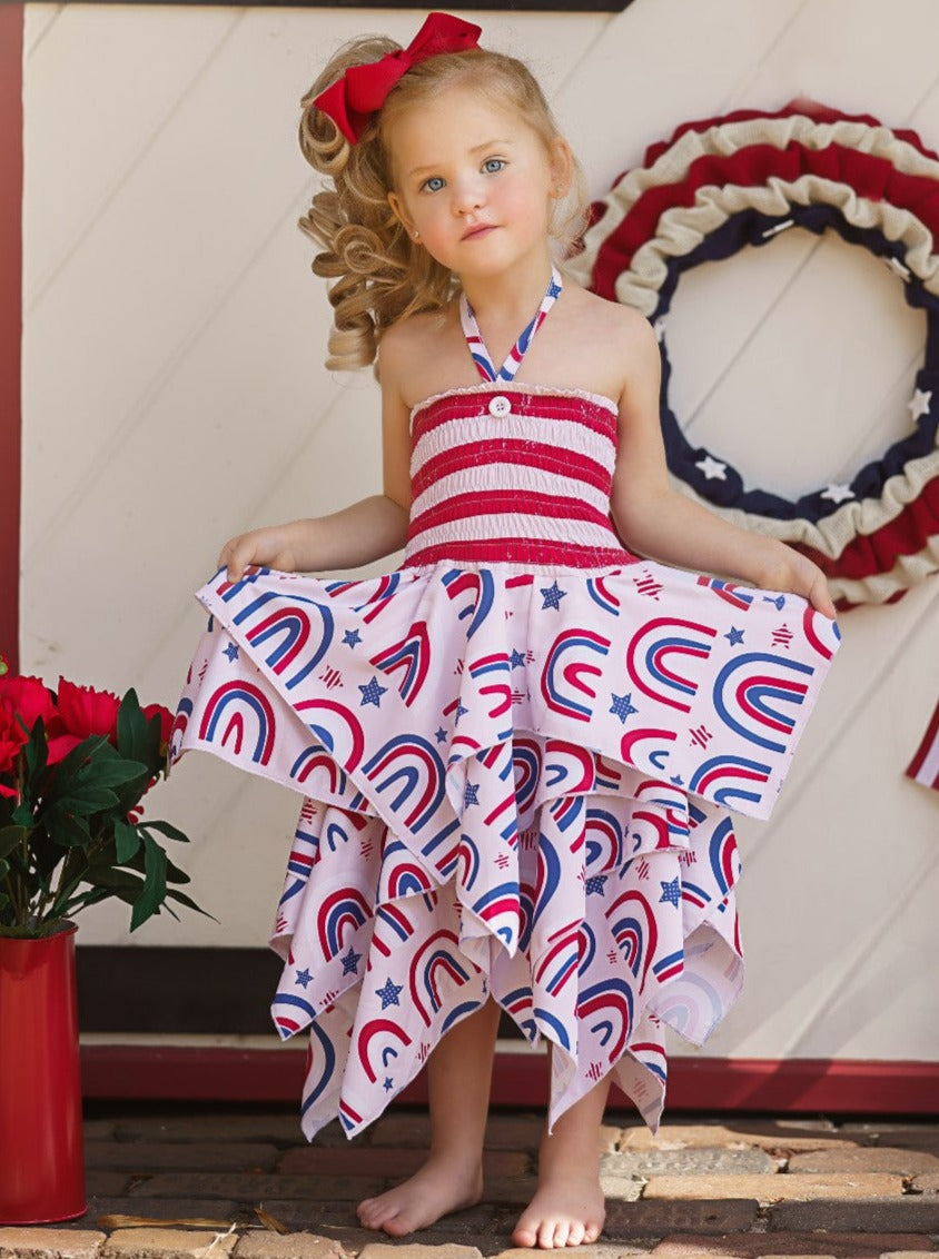 Girls 4th of July Outfits | US Themed Smocked Top Handkerchief Dress