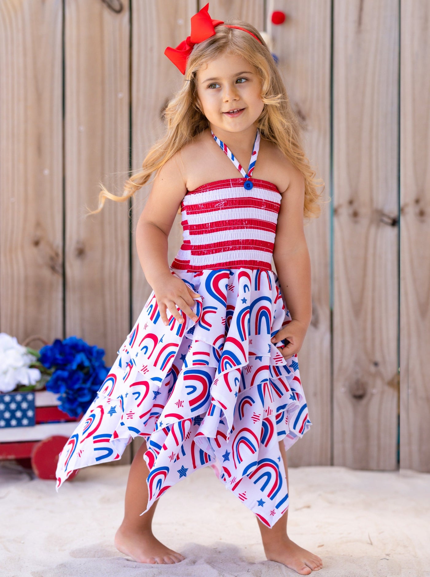 Girls 4th of July Outfits | US Themed Smocked Top Handkerchief Dress
