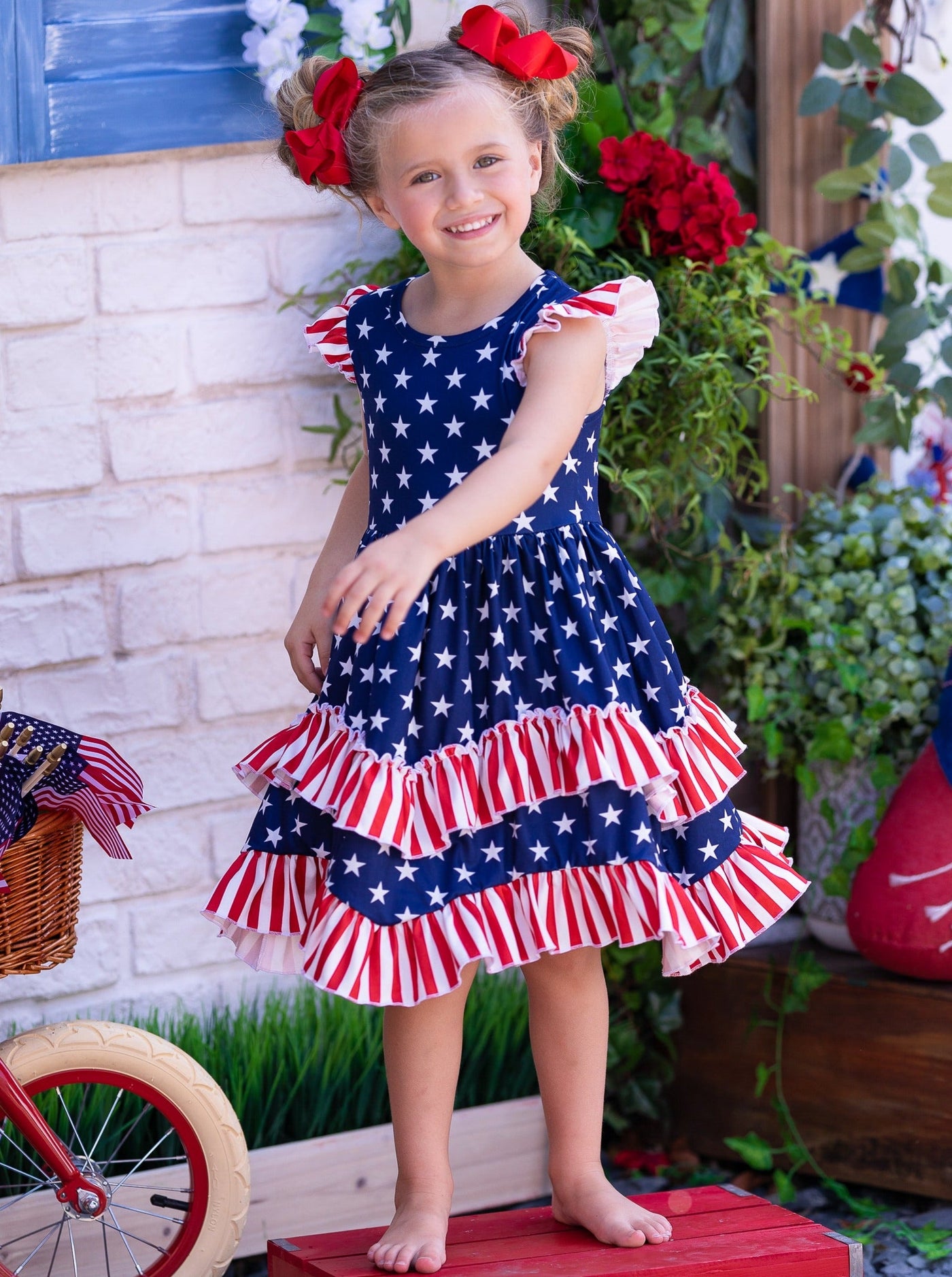Girls 4th of July Dress | Flutter Sleeve USA Flag Tiered Ruffle Dress
