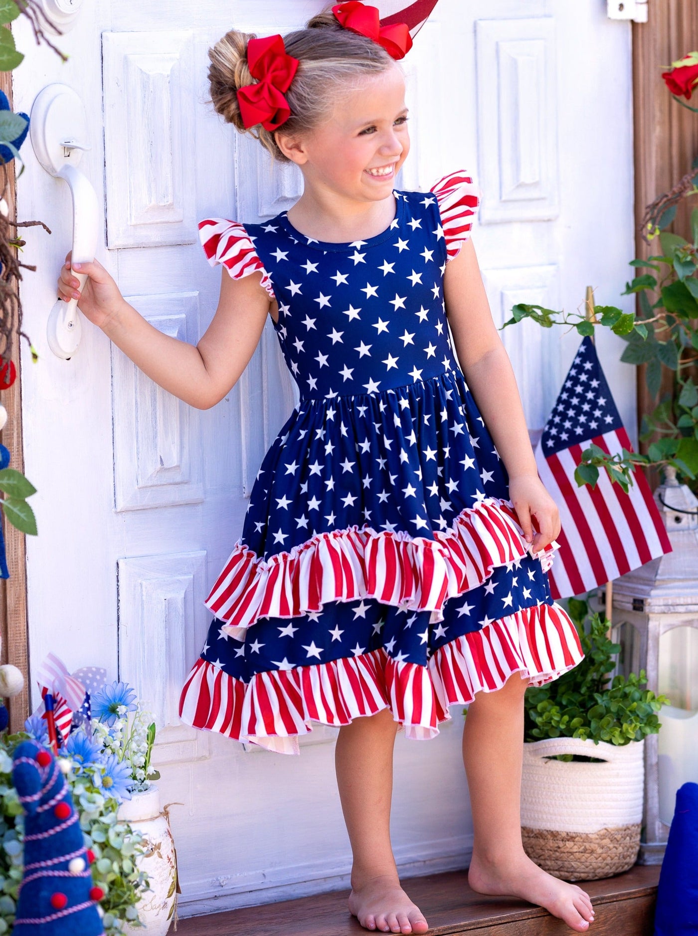 Girls 4th of July Dress | Flutter Sleeve USA Flag Tiered Ruffle Dress